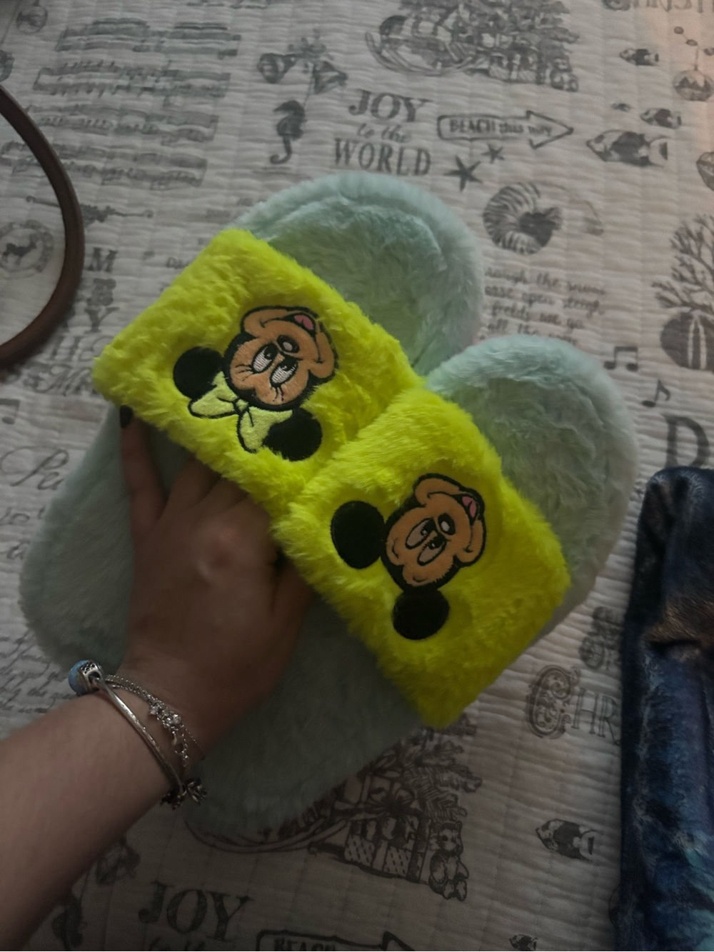 Disney Plush Slide Slippers in Neon Yellow and Light Blue